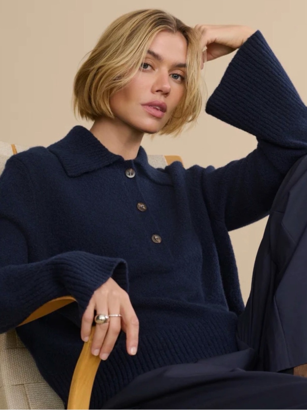 Jenni Kayne Navy Polo-Collar Button Knit Sweater